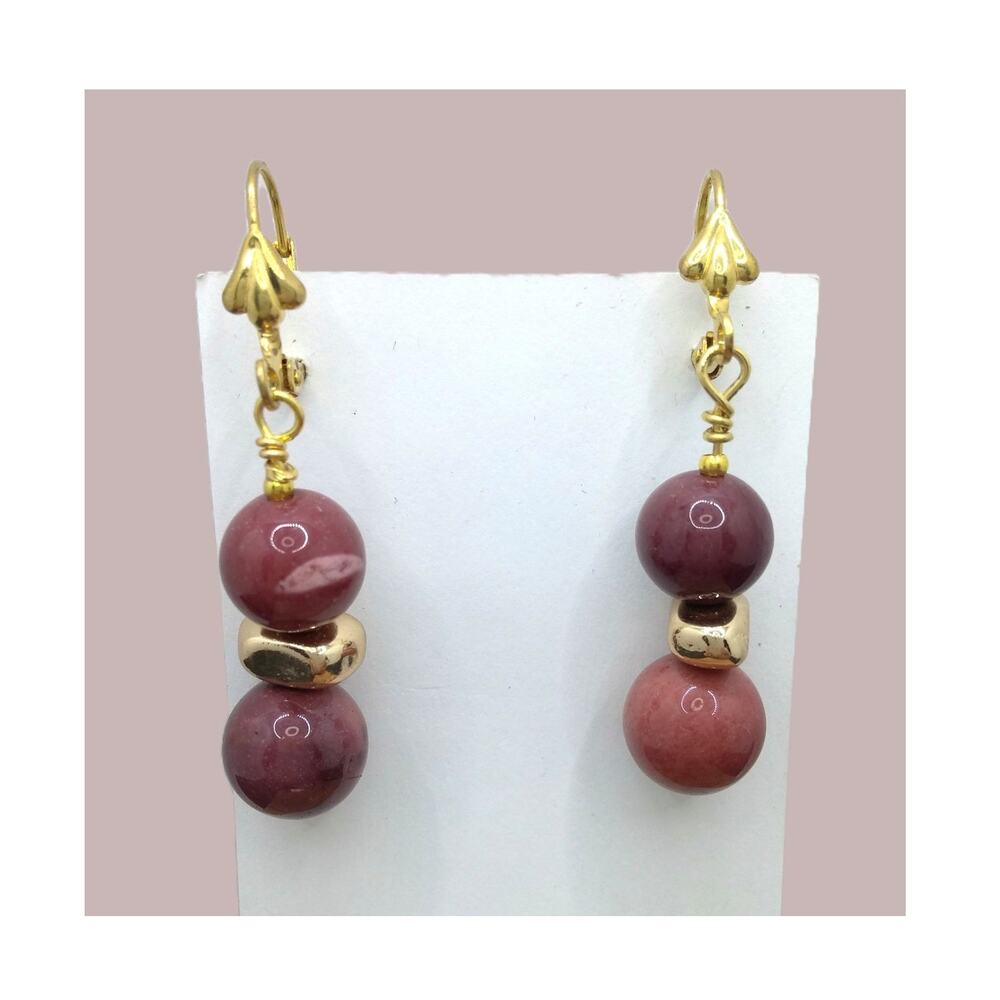 Artisan Mookaite Jasper Beaded Earrings Dangle Gold Hematite Earthy Burgundy NEW
